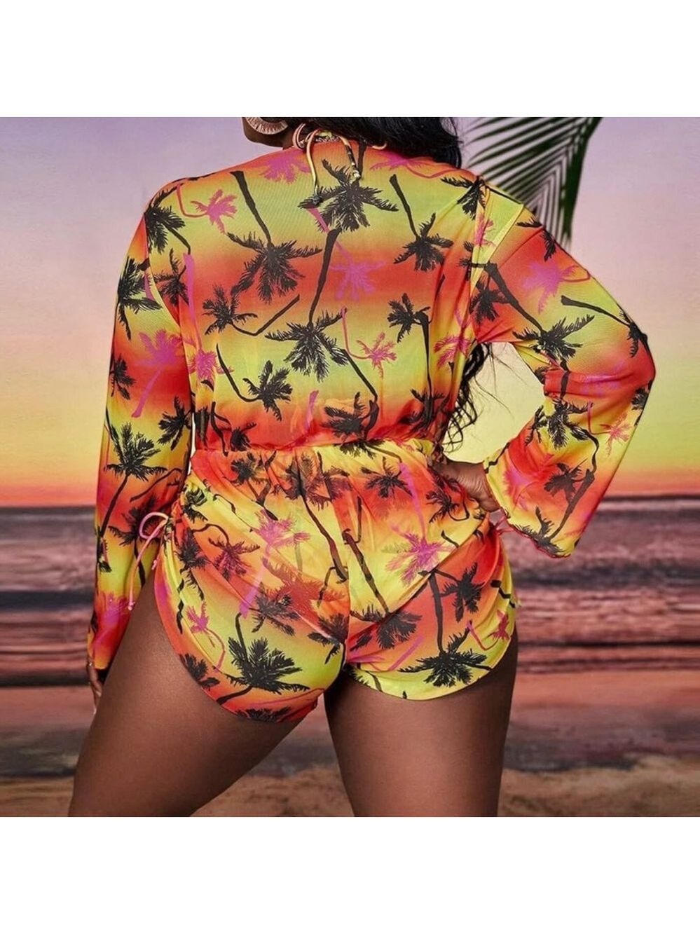 3pc Plus Size Tropical Print Halter Triangle Bikini Set with Cover Up - Picture 4 of 14